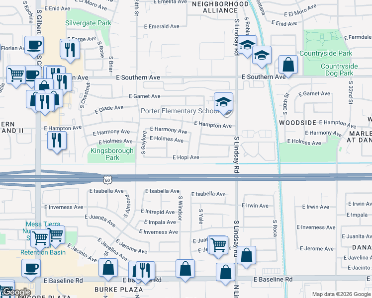 map of restaurants, bars, coffee shops, grocery stores, and more near 1506 South Glenview in Mesa
