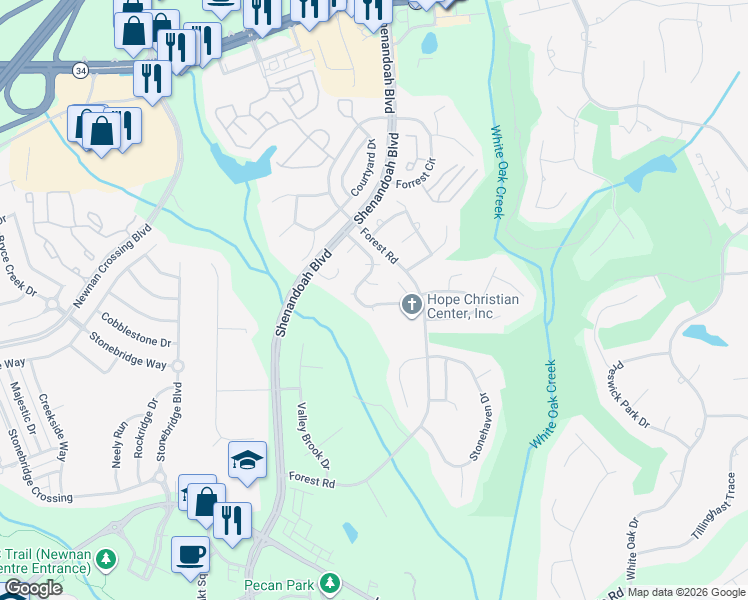 map of restaurants, bars, coffee shops, grocery stores, and more near 134 Greentree Drive in Newnan