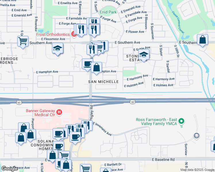 map of restaurants, bars, coffee shops, grocery stores, and more near 5321 East Hilton Avenue in Mesa