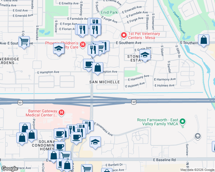 map of restaurants, bars, coffee shops, grocery stores, and more near 5317 East Hilton Avenue in Mesa