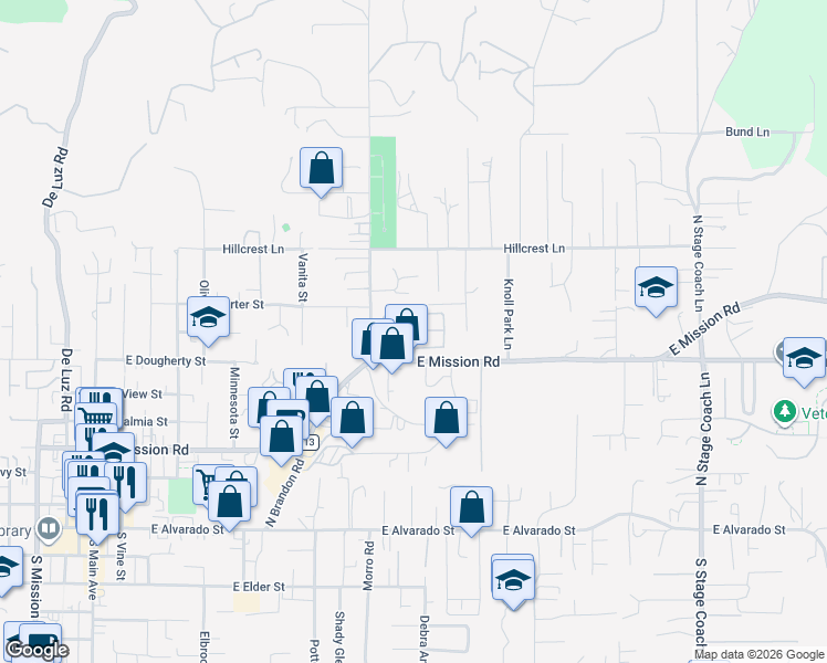 map of restaurants, bars, coffee shops, grocery stores, and more near 1120 East Mission Road in Fallbrook