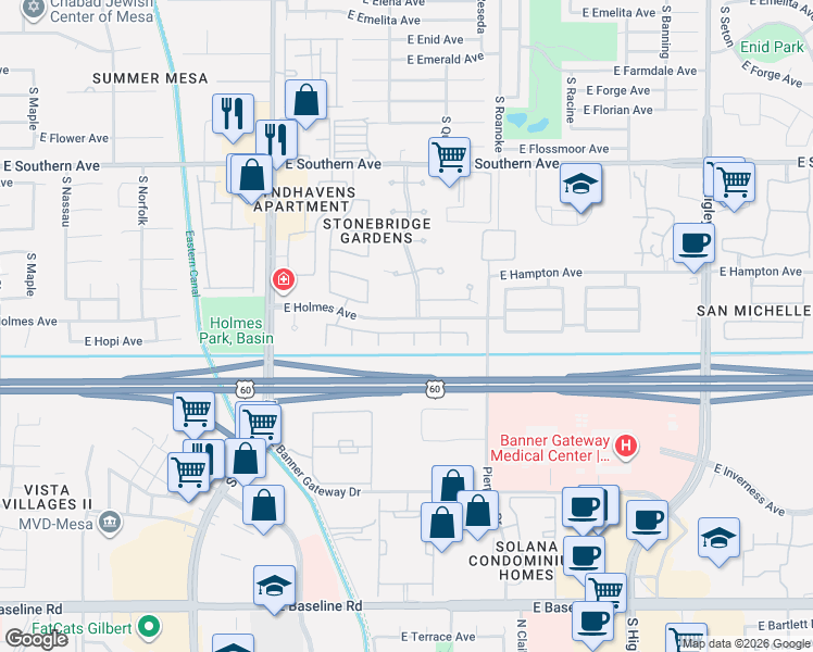 map of restaurants, bars, coffee shops, grocery stores, and more near 4652 East Hopi Avenue in Mesa