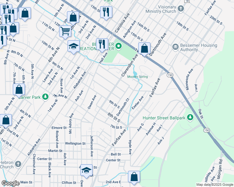 map of restaurants, bars, coffee shops, grocery stores, and more near 426 10th Street South in Bessemer