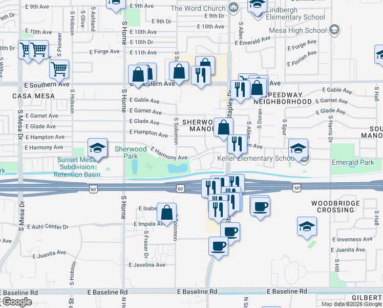 map of restaurants, bars, coffee shops, grocery stores, and more near 1036 East Harmony Avenue in Mesa