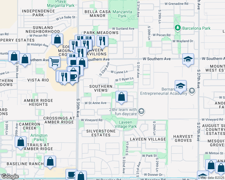map of restaurants, bars, coffee shops, grocery stores, and more near 3229 West Alta Vista Road in Phoenix