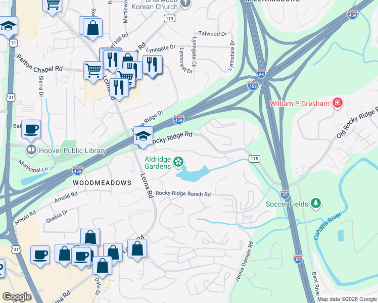 map of restaurants, bars, coffee shops, grocery stores, and more near 2104 Emerald Pointe Drive in Vestavia Hills
