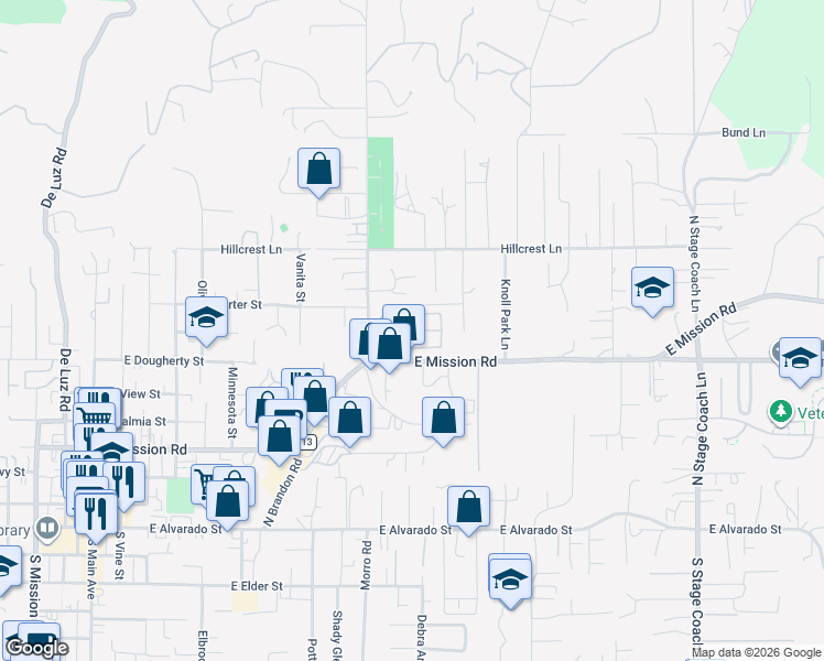 map of restaurants, bars, coffee shops, grocery stores, and more near Medio Terrace in Fallbrook