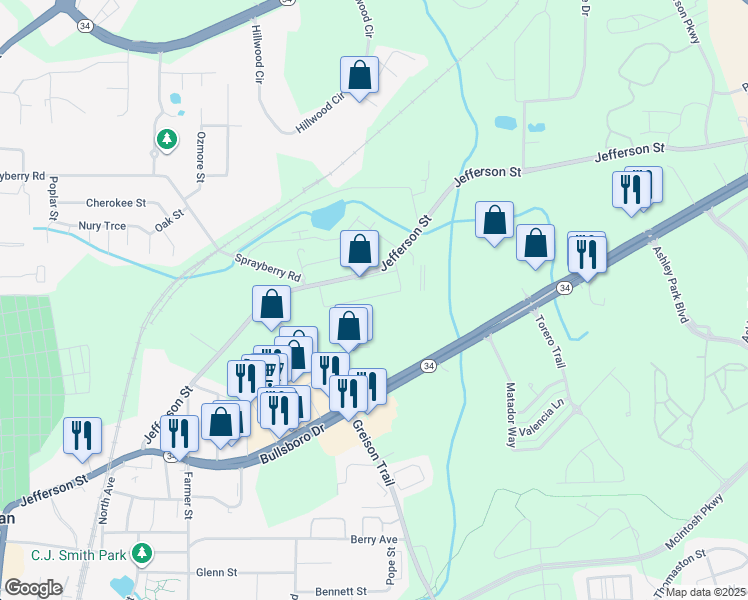 map of restaurants, bars, coffee shops, grocery stores, and more near 22A South Street in Newnan