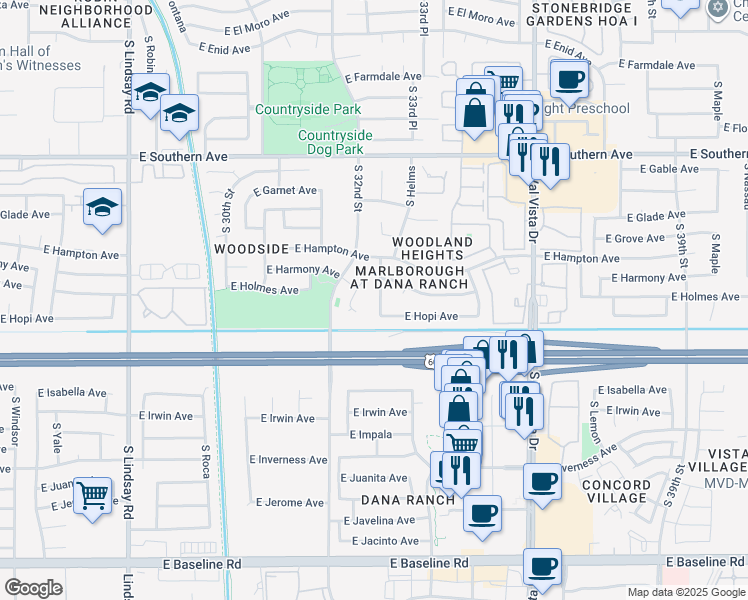 map of restaurants, bars, coffee shops, grocery stores, and more near 1450 South almar Circle in Mesa