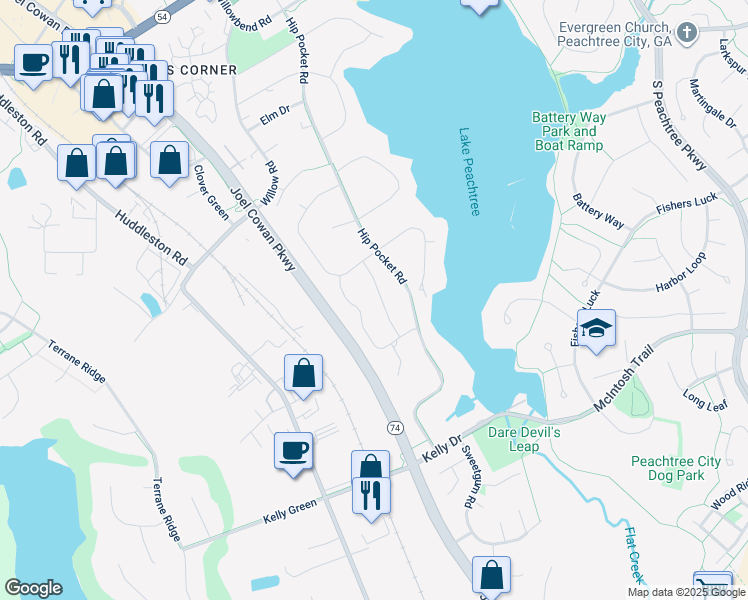 map of restaurants, bars, coffee shops, grocery stores, and more near 112 Hickory Drive in Peachtree City