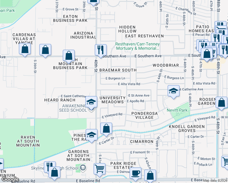 map of restaurants, bars, coffee shops, grocery stores, and more near 4107 East Saint Catherine Avenue in Phoenix