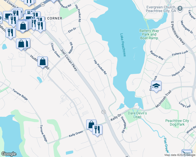 map of restaurants, bars, coffee shops, grocery stores, and more near 112 Hickory Drive in Peachtree City