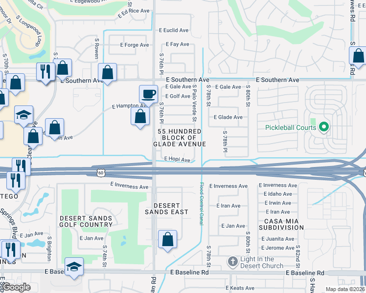 map of restaurants, bars, coffee shops, grocery stores, and more near 7725 East Holmes Avenue in Mesa