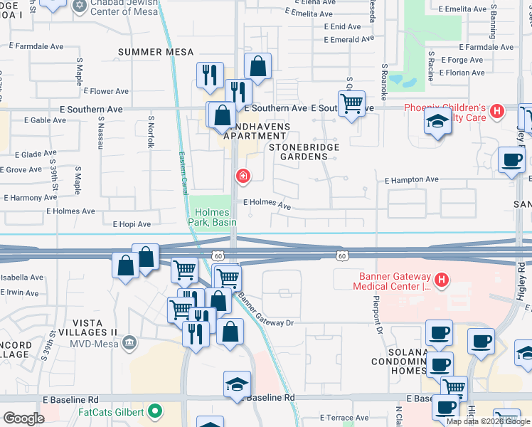 map of restaurants, bars, coffee shops, grocery stores, and more near 4445 East Holmes Avenue in Mesa