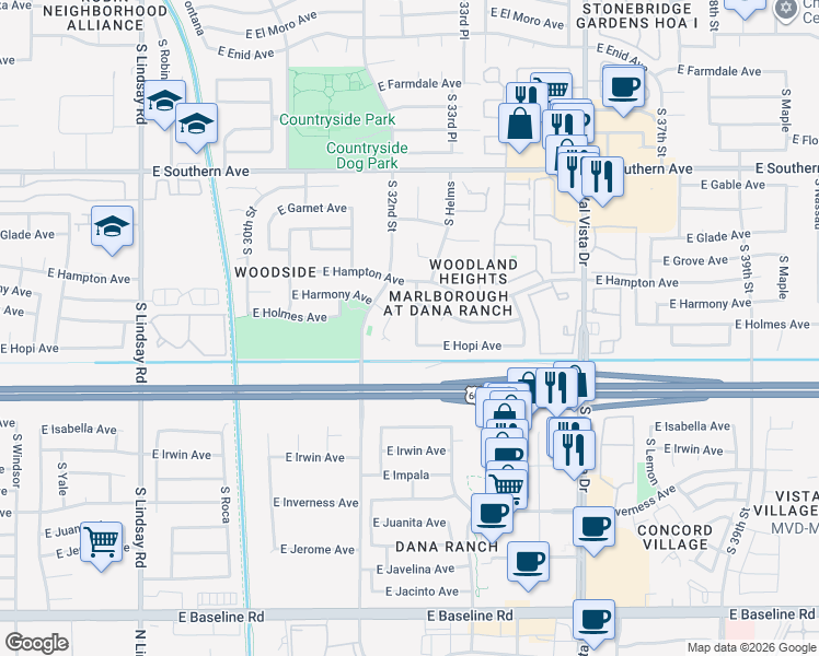 map of restaurants, bars, coffee shops, grocery stores, and more near 1450 South almar Circle in Mesa