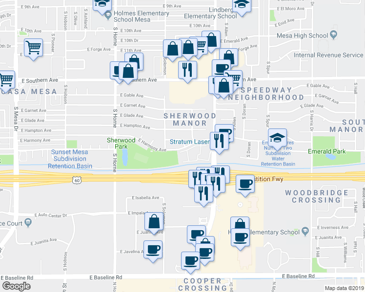 map of restaurants, bars, coffee shops, grocery stores, and more near 1036 East Harmony Avenue in Mesa
