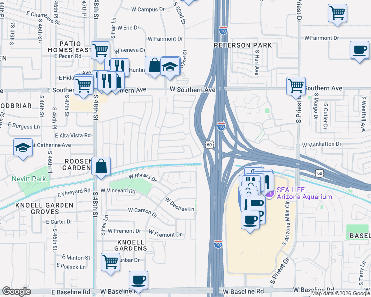 map of restaurants, bars, coffee shops, grocery stores, and more near Tamarisk in Tempe