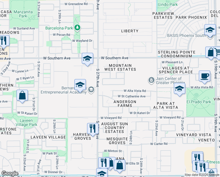 map of restaurants, bars, coffee shops, grocery stores, and more near 2562 West Alta Vista Road in Phoenix