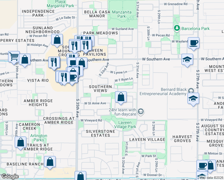 map of restaurants, bars, coffee shops, grocery stores, and more near 3229 West Alta Vista Road in Phoenix