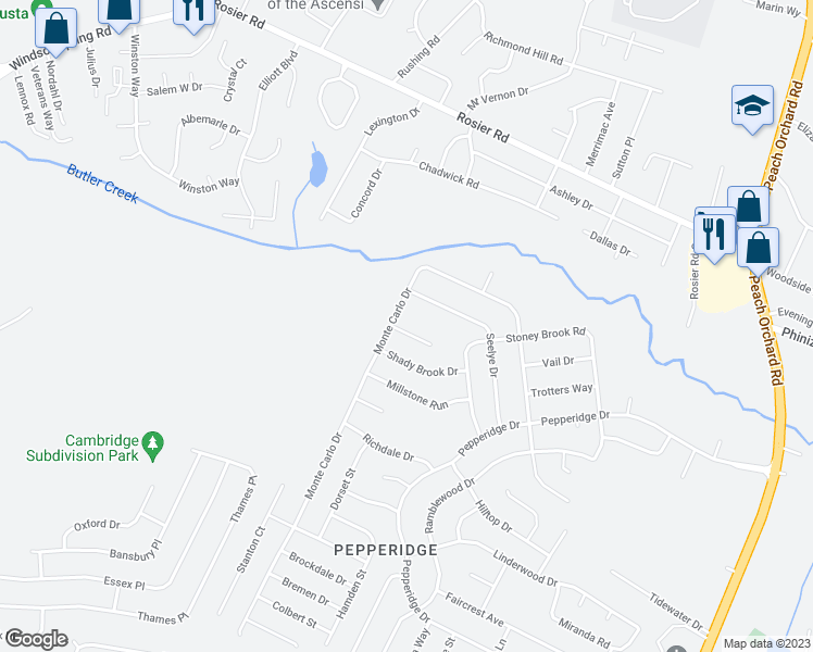 map of restaurants, bars, coffee shops, grocery stores, and more near 3303 Cobblestone Court in Augusta