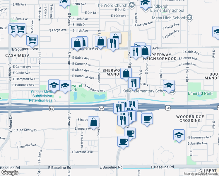 map of restaurants, bars, coffee shops, grocery stores, and more near 1036 East Harmony Avenue in Mesa