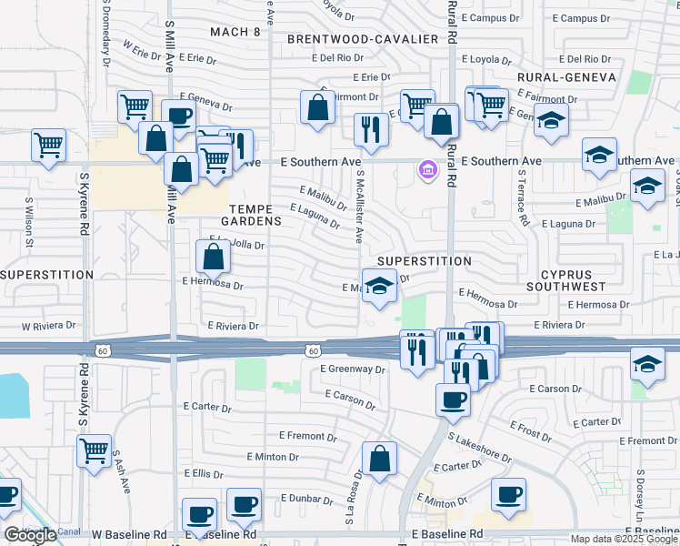 map of restaurants, bars, coffee shops, grocery stores, and more near 531 East La Jolla Drive in Tempe