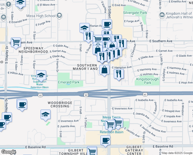 map of restaurants, bars, coffee shops, grocery stores, and more near 1453 S Cochise in Mesa