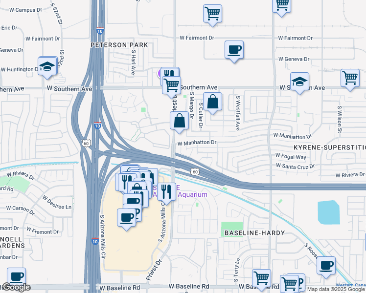 map of restaurants, bars, coffee shops, grocery stores, and more near 3904 South Margo Drive in Tempe