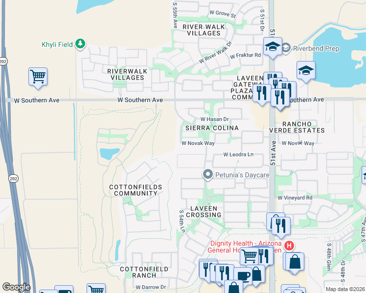 map of restaurants, bars, coffee shops, grocery stores, and more near 5439 West Novak Way in Phoenix
