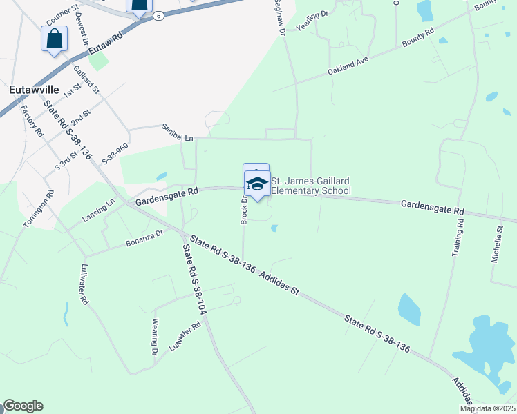 map of restaurants, bars, coffee shops, grocery stores, and more near 1555 Gardensgate Road in Eutawville