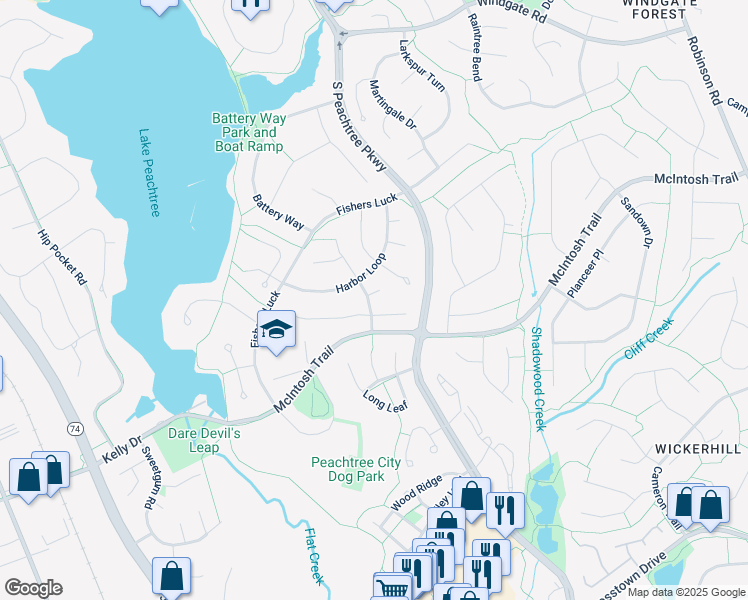 map of restaurants, bars, coffee shops, grocery stores, and more near 100 Skiff Trce in Peachtree City