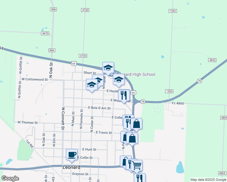 map of restaurants, bars, coffee shops, grocery stores, and more near 501 East Hackberry Street in Leonard