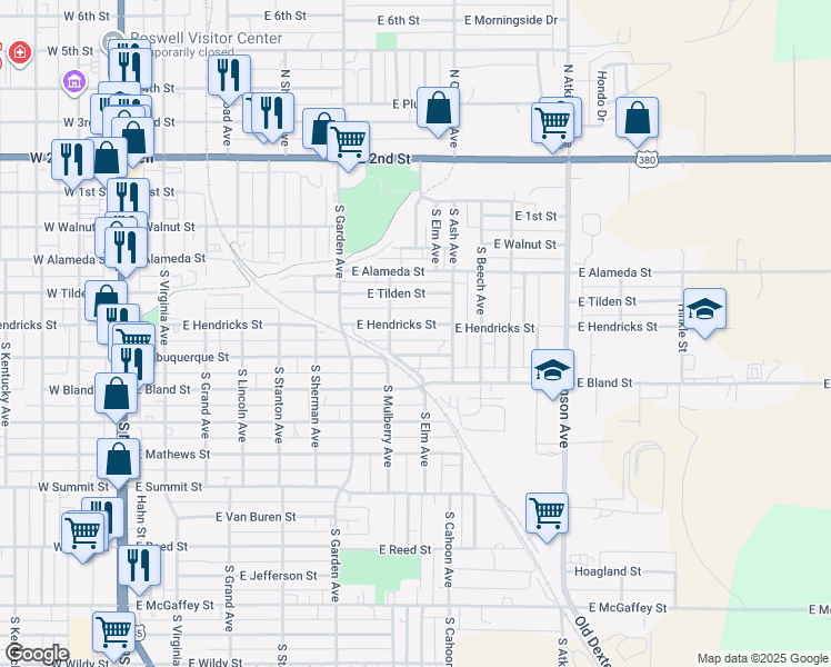 map of restaurants, bars, coffee shops, grocery stores, and more near 800-898 East Hendricks Street in Roswell