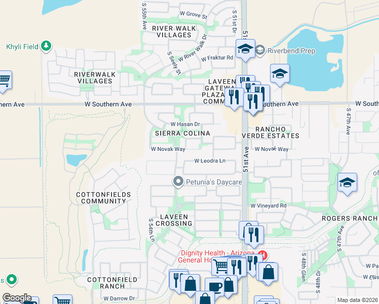 map of restaurants, bars, coffee shops, grocery stores, and more near 5313 West Novak Way in Phoenix