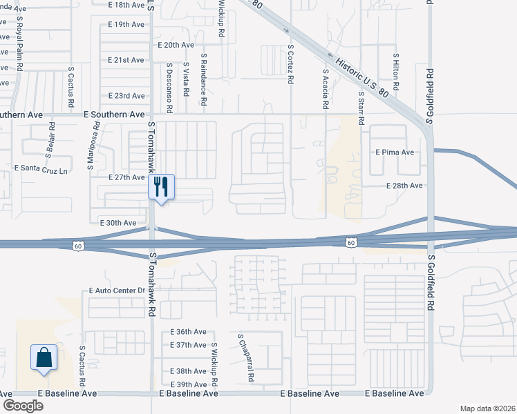 map of restaurants, bars, coffee shops, grocery stores, and more near 2189 East 29th Avenue in Apache Junction