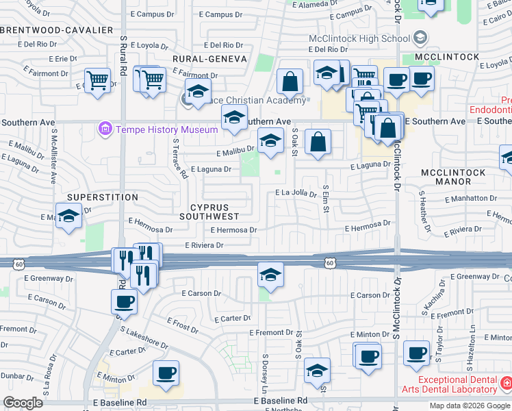 map of restaurants, bars, coffee shops, grocery stores, and more near 3711 South Kenneth Place in Tempe