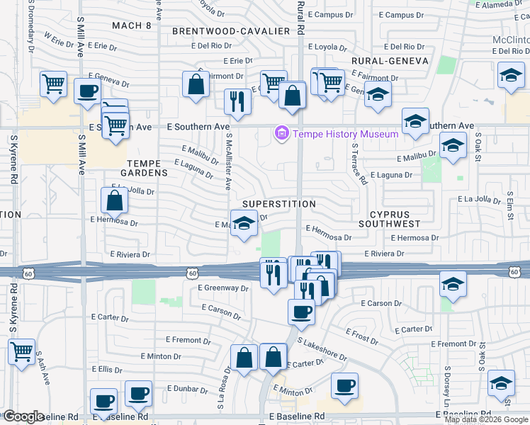 map of restaurants, bars, coffee shops, grocery stores, and more near 712 East Manhatton Drive in Tempe