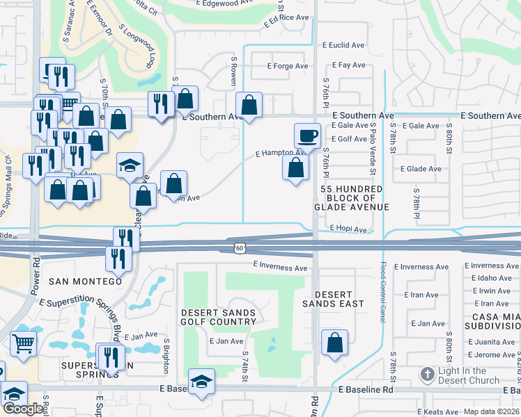 map of restaurants, bars, coffee shops, grocery stores, and more near 7465 East Hampton Avenue in Mesa