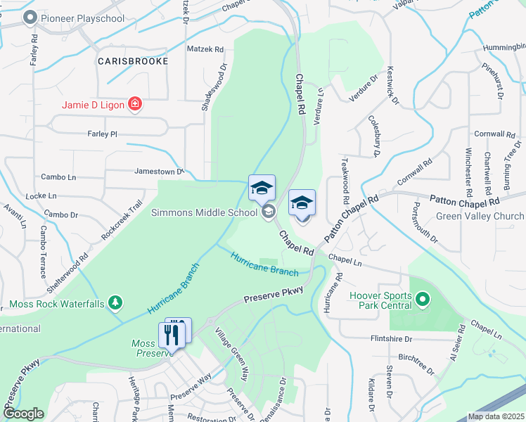 map of restaurants, bars, coffee shops, grocery stores, and more near 1575 Patton Chapel Road in Hoover