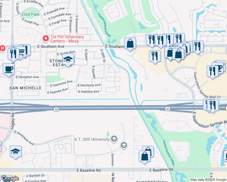 map of restaurants, bars, coffee shops, grocery stores, and more near 5840 East Holmes Avenue in Mesa