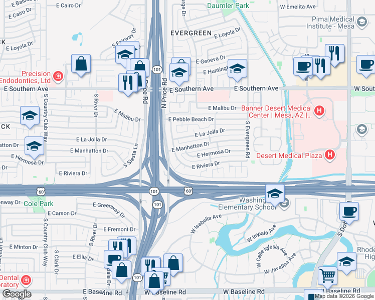 map of restaurants, bars, coffee shops, grocery stores, and more near 2343 East Manhatton Drive in Tempe