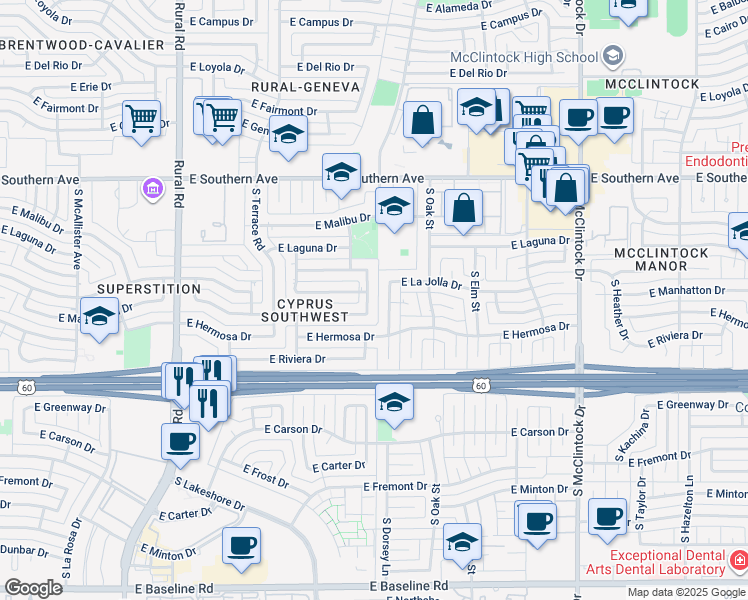 map of restaurants, bars, coffee shops, grocery stores, and more near 3711 South Kenneth Place in Tempe