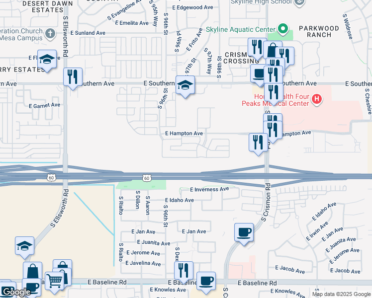 map of restaurants, bars, coffee shops, grocery stores, and more near E Hampton Ave in Mesa