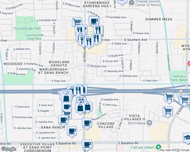 map of restaurants, bars, coffee shops, grocery stores, and more near 3701 East Holmes Avenue in Mesa