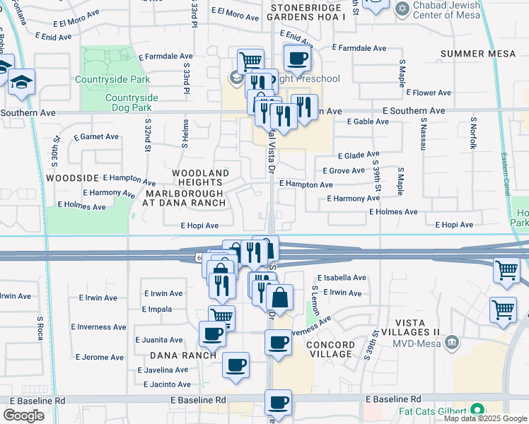 map of restaurants, bars, coffee shops, grocery stores, and more near 1440 South Val Vista Drive in Mesa