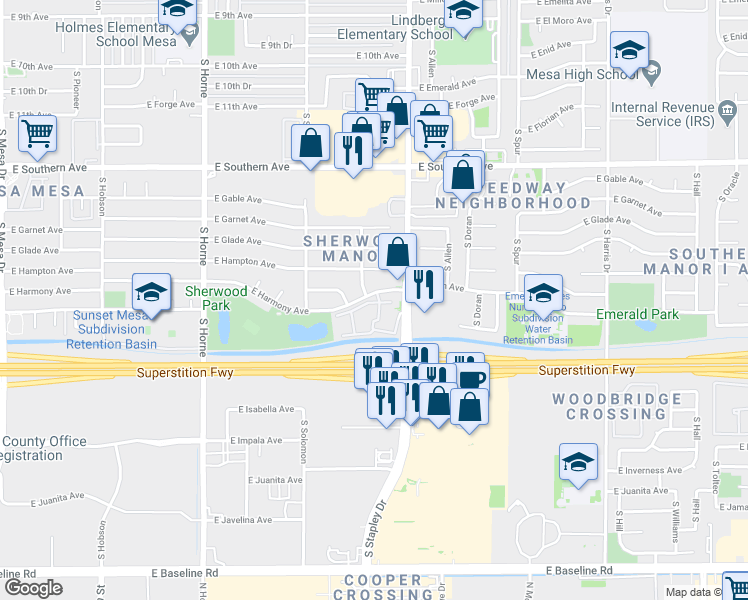 map of restaurants, bars, coffee shops, grocery stores, and more near 1464 South Stapley Drive in Mesa