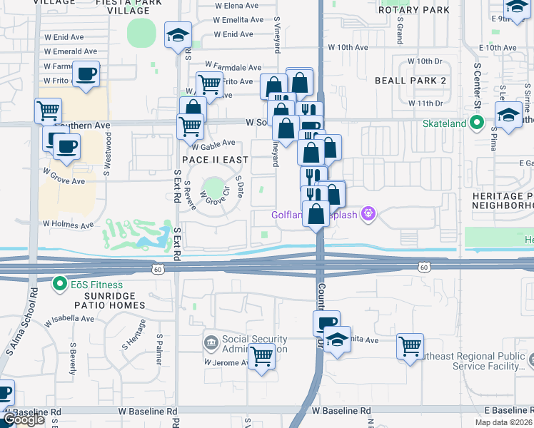 map of restaurants, bars, coffee shops, grocery stores, and more near 13 Circle Tree Condominiums in Mesa