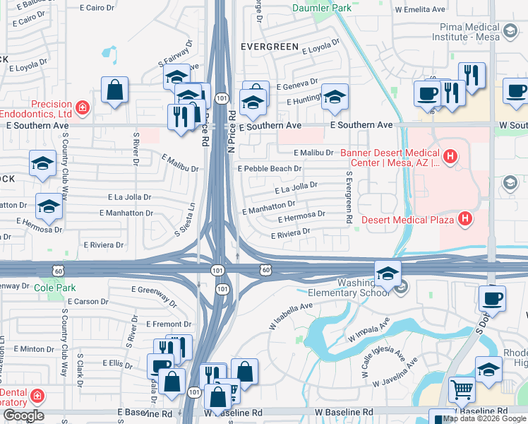 map of restaurants, bars, coffee shops, grocery stores, and more near 2343 East Manhatton Drive in Tempe