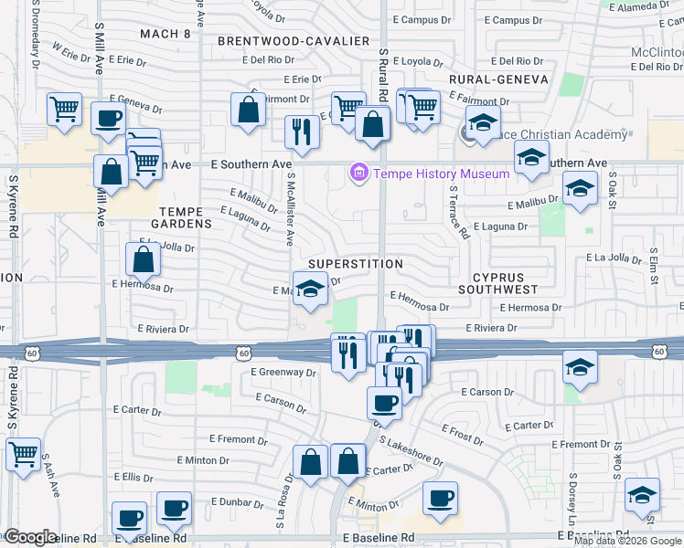 map of restaurants, bars, coffee shops, grocery stores, and more near 712 East Manhatton Drive in Tempe