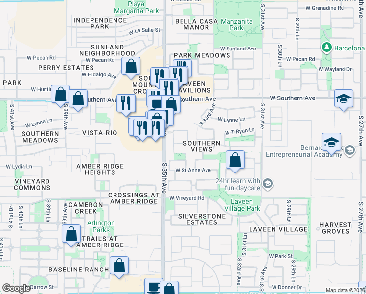 map of restaurants, bars, coffee shops, grocery stores, and more near 3426 West Leodra Lane in Phoenix